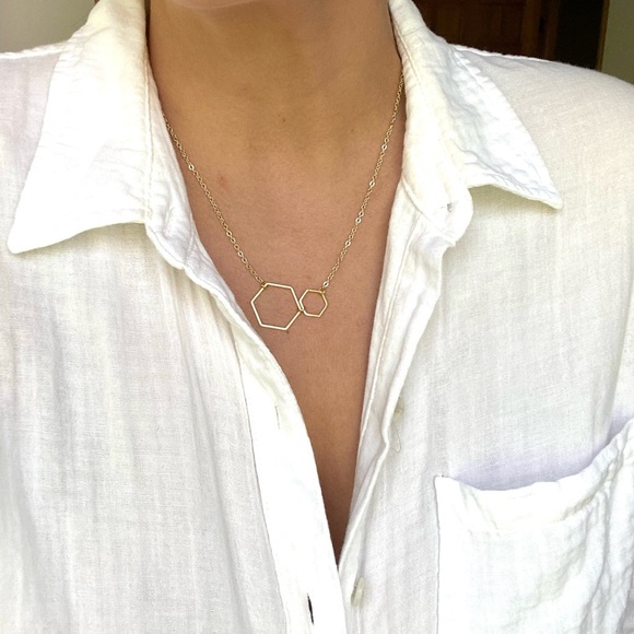 Dainty Gold Plated Double Hexagon Necklace - Picture 4 of 4